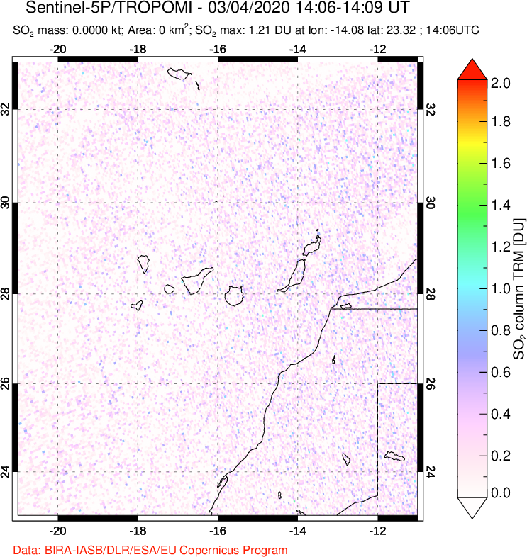 A sulfur dioxide image over Canary Islands on Mar 04, 2020.