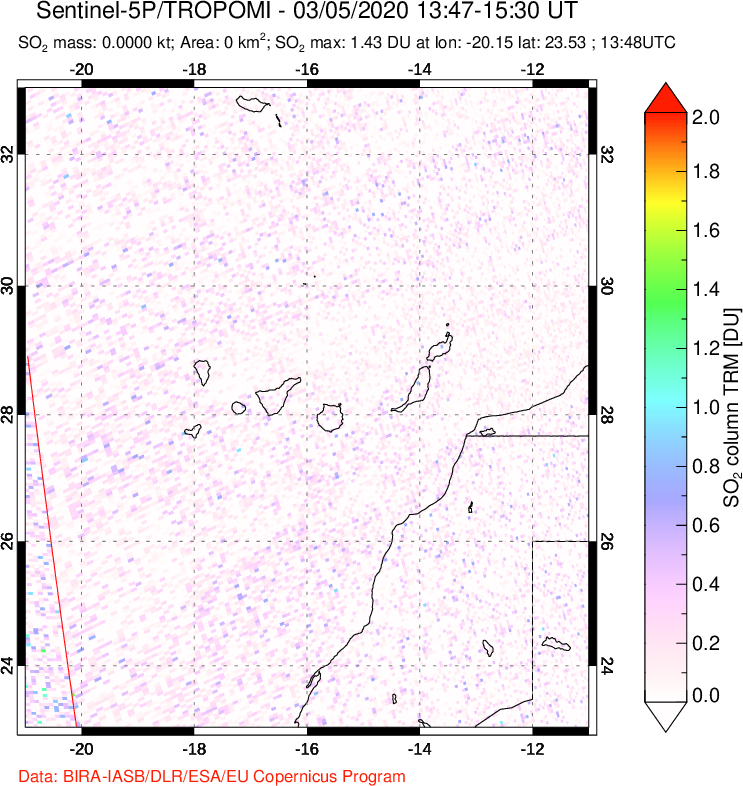A sulfur dioxide image over Canary Islands on Mar 05, 2020.