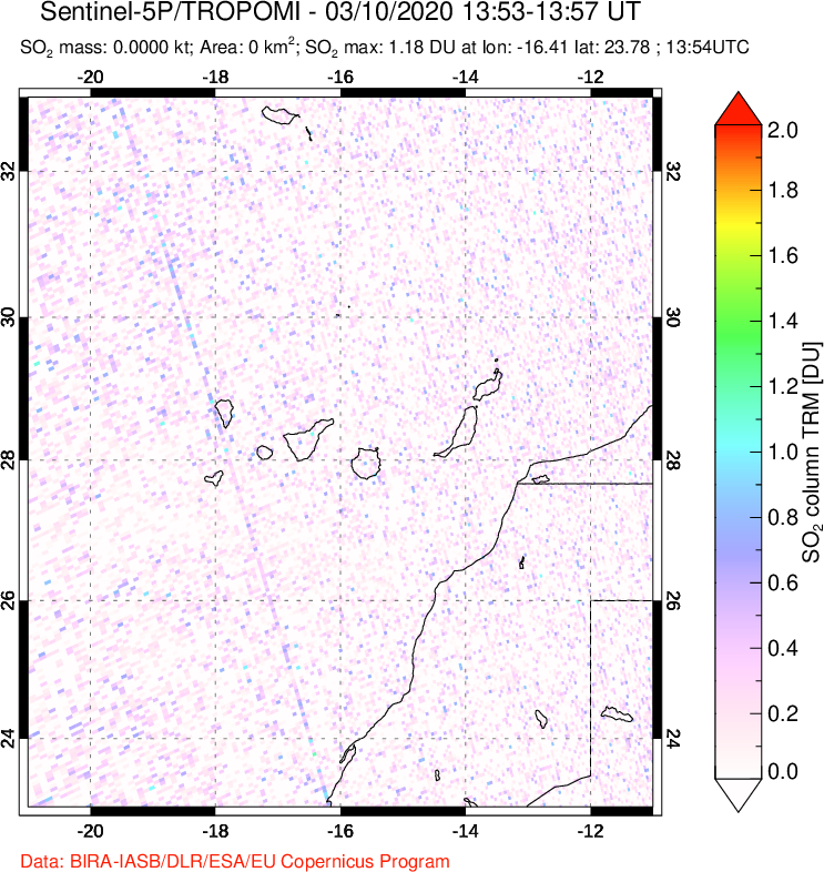 A sulfur dioxide image over Canary Islands on Mar 10, 2020.