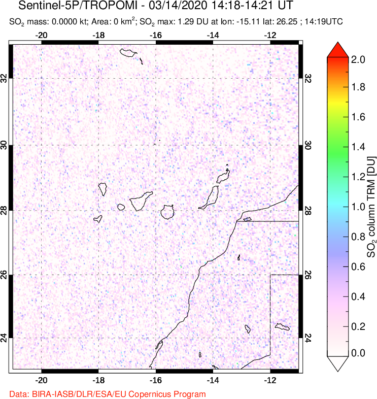 A sulfur dioxide image over Canary Islands on Mar 14, 2020.