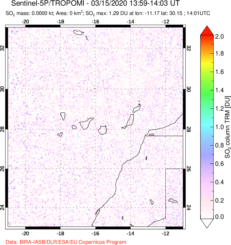 A sulfur dioxide image over Canary Islands on Mar 15, 2020.