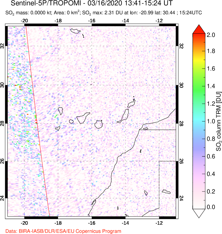 A sulfur dioxide image over Canary Islands on Mar 16, 2020.