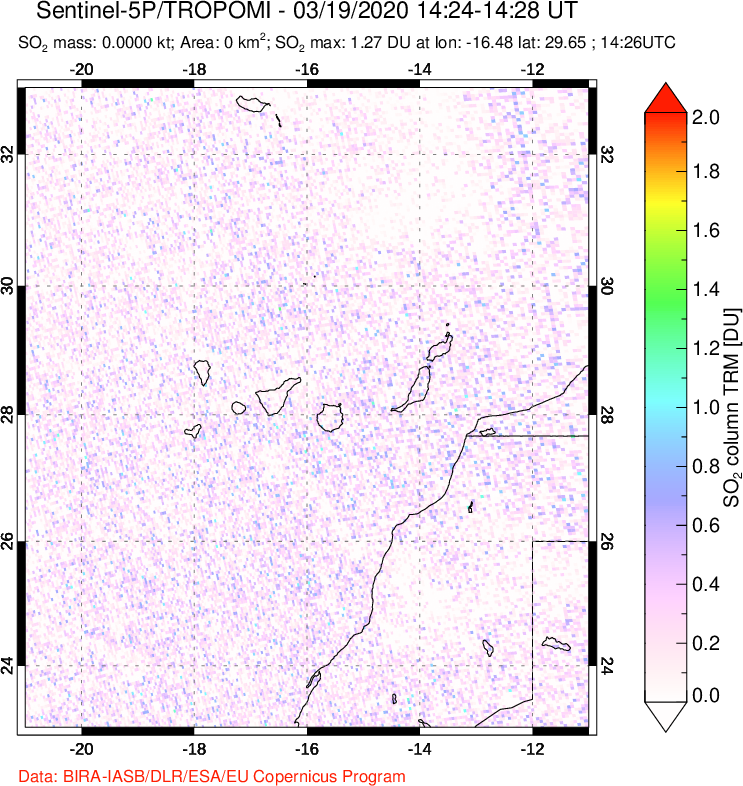 A sulfur dioxide image over Canary Islands on Mar 19, 2020.