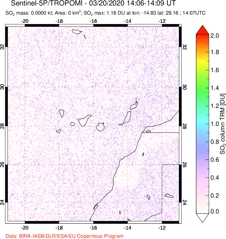 A sulfur dioxide image over Canary Islands on Mar 20, 2020.