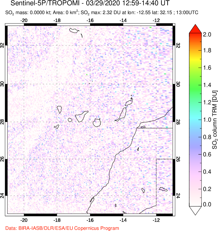 A sulfur dioxide image over Canary Islands on Mar 29, 2020.