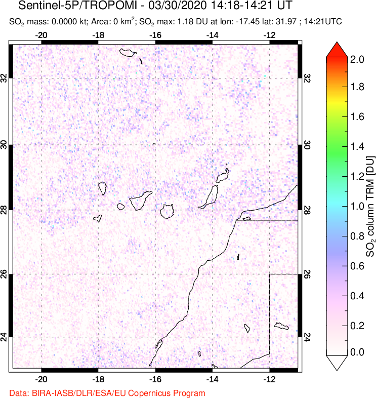 A sulfur dioxide image over Canary Islands on Mar 30, 2020.