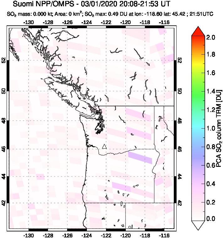 A sulfur dioxide image over Cascade Range, USA on Mar 01, 2020.