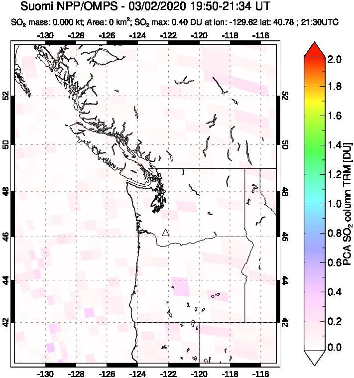 A sulfur dioxide image over Cascade Range, USA on Mar 02, 2020.