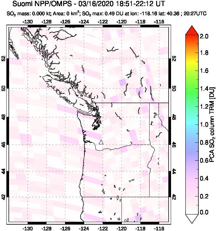 A sulfur dioxide image over Cascade Range, USA on Mar 16, 2020.