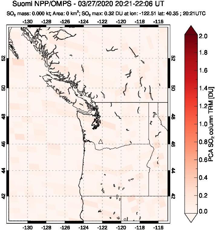 A sulfur dioxide image over Cascade Range, USA on Mar 27, 2020.