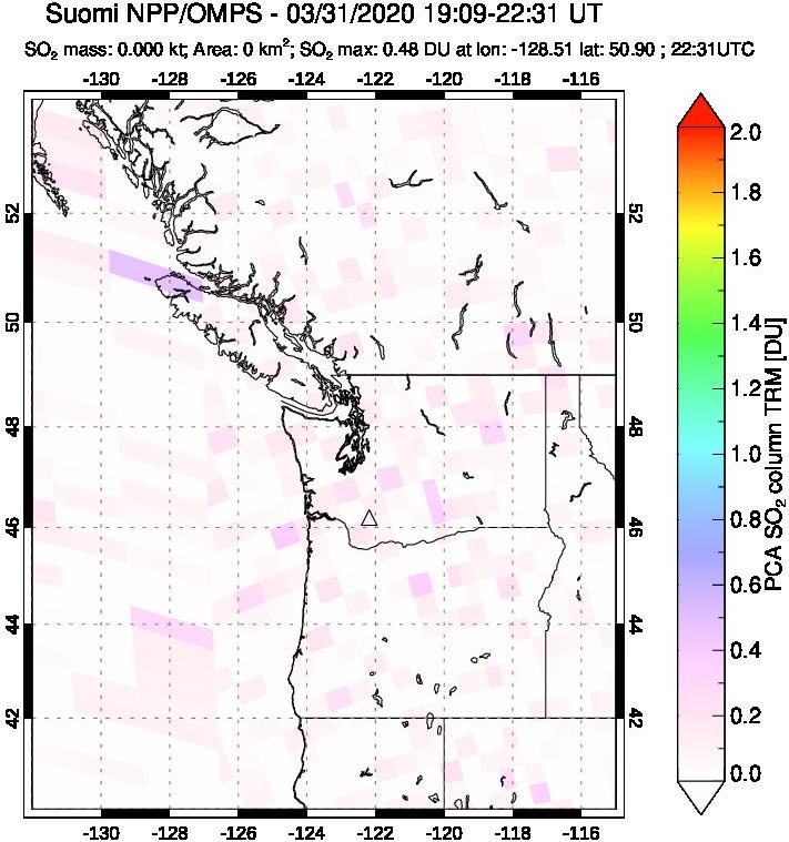 A sulfur dioxide image over Cascade Range, USA on Mar 31, 2020.
