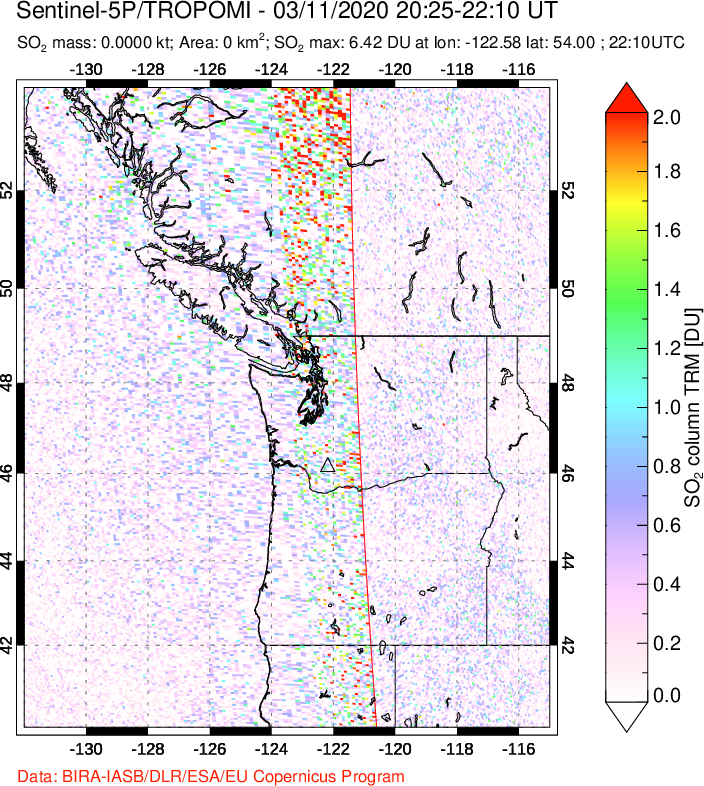 A sulfur dioxide image over Cascade Range, USA on Mar 11, 2020.