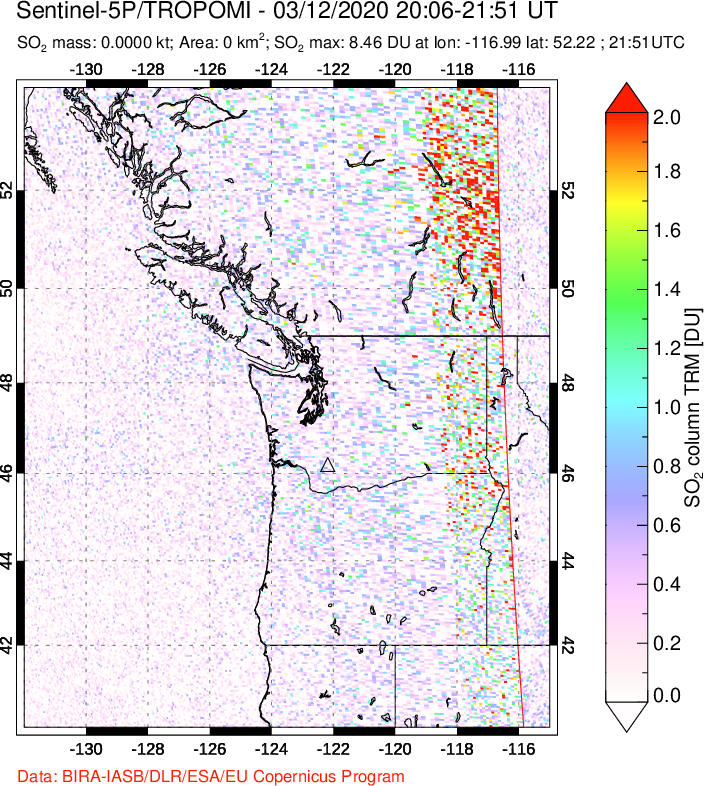 A sulfur dioxide image over Cascade Range, USA on Mar 12, 2020.