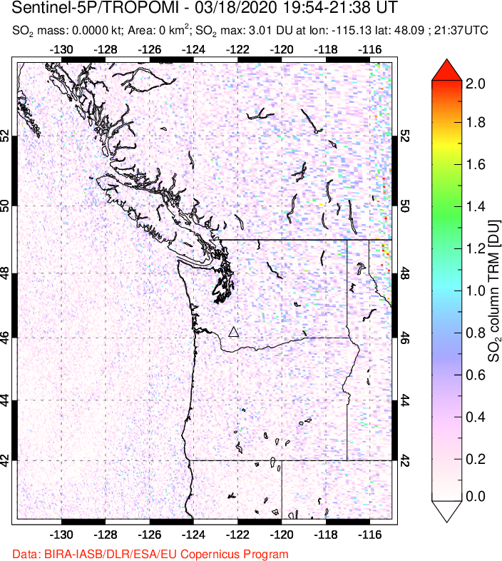 A sulfur dioxide image over Cascade Range, USA on Mar 18, 2020.
