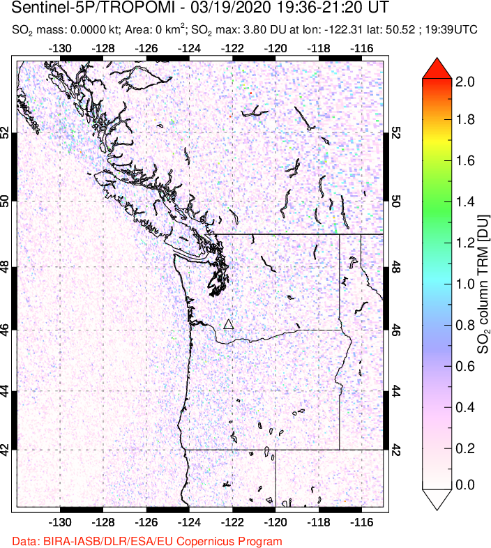 A sulfur dioxide image over Cascade Range, USA on Mar 19, 2020.
