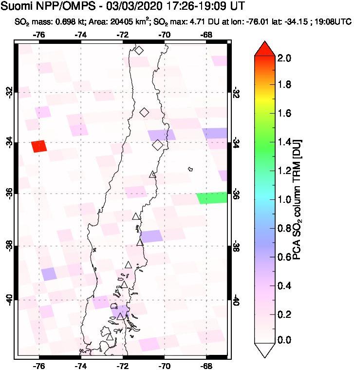 A sulfur dioxide image over Central Chile on Mar 03, 2020.