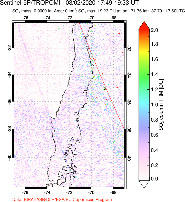 A sulfur dioxide image over Central Chile on Mar 02, 2020.