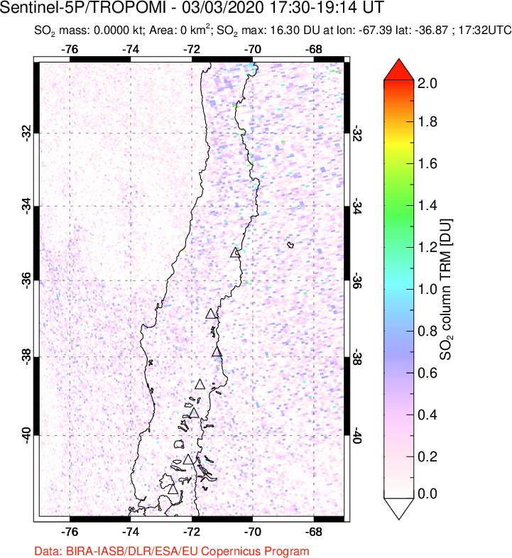 A sulfur dioxide image over Central Chile on Mar 03, 2020.