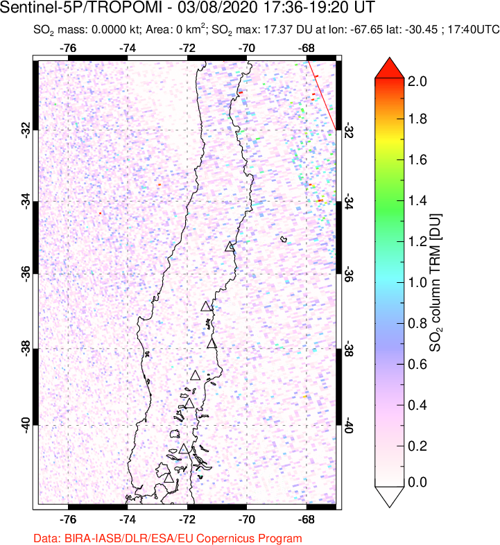 A sulfur dioxide image over Central Chile on Mar 08, 2020.