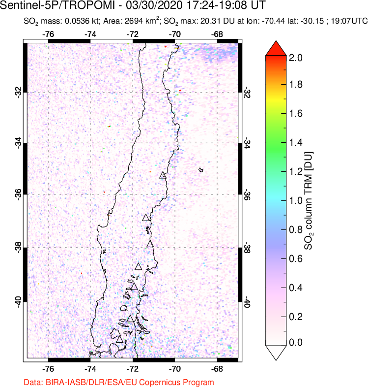 A sulfur dioxide image over Central Chile on Mar 30, 2020.
