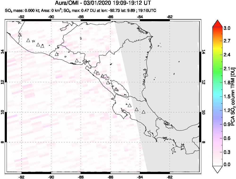 A sulfur dioxide image over Central America on Mar 01, 2020.