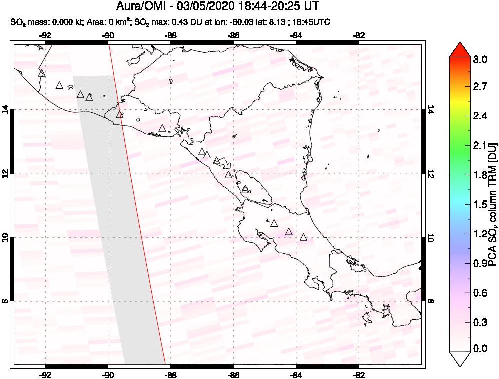 A sulfur dioxide image over Central America on Mar 05, 2020.
