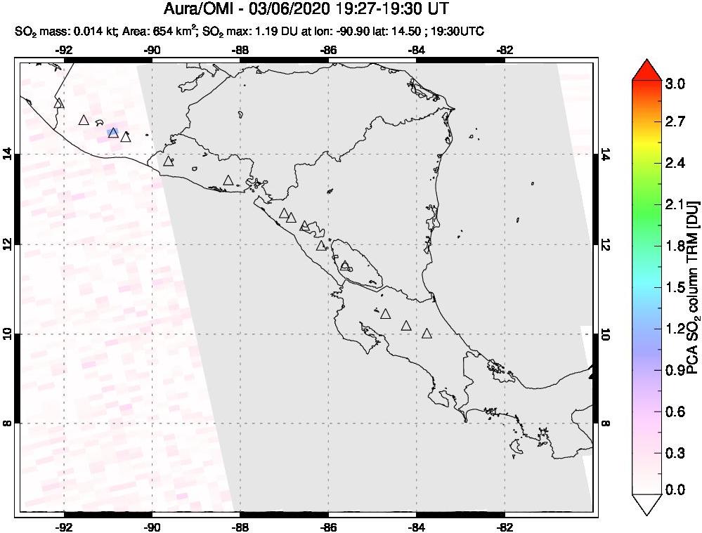 A sulfur dioxide image over Central America on Mar 06, 2020.