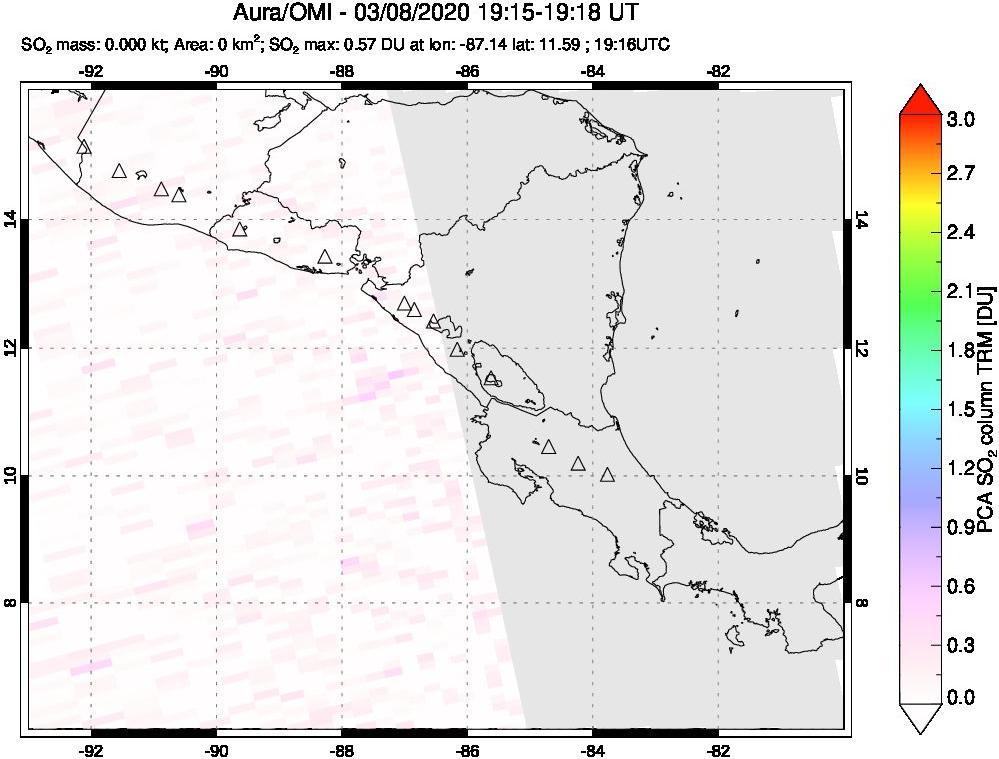 A sulfur dioxide image over Central America on Mar 08, 2020.