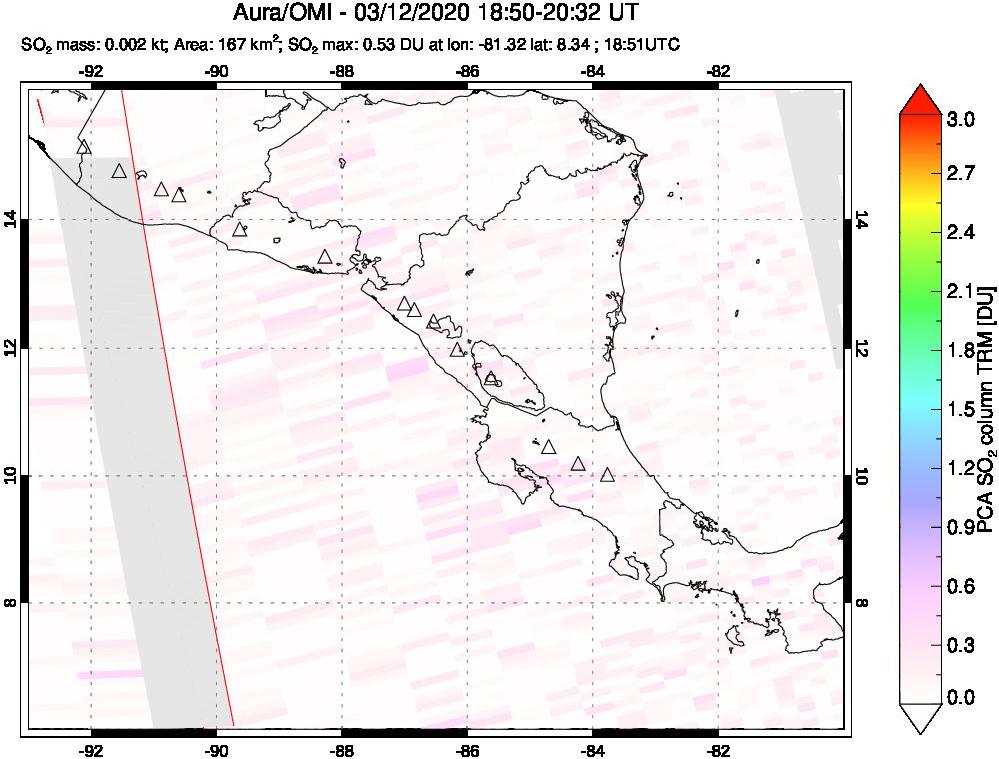 A sulfur dioxide image over Central America on Mar 12, 2020.
