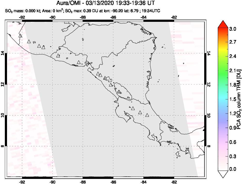 A sulfur dioxide image over Central America on Mar 13, 2020.