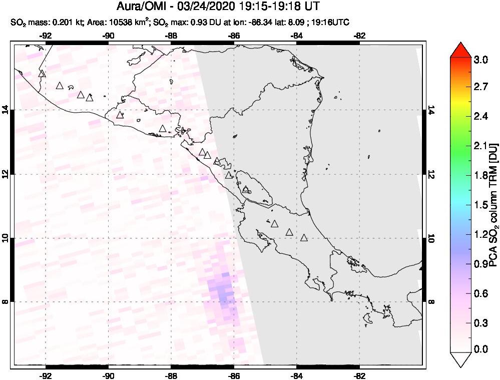 A sulfur dioxide image over Central America on Mar 24, 2020.