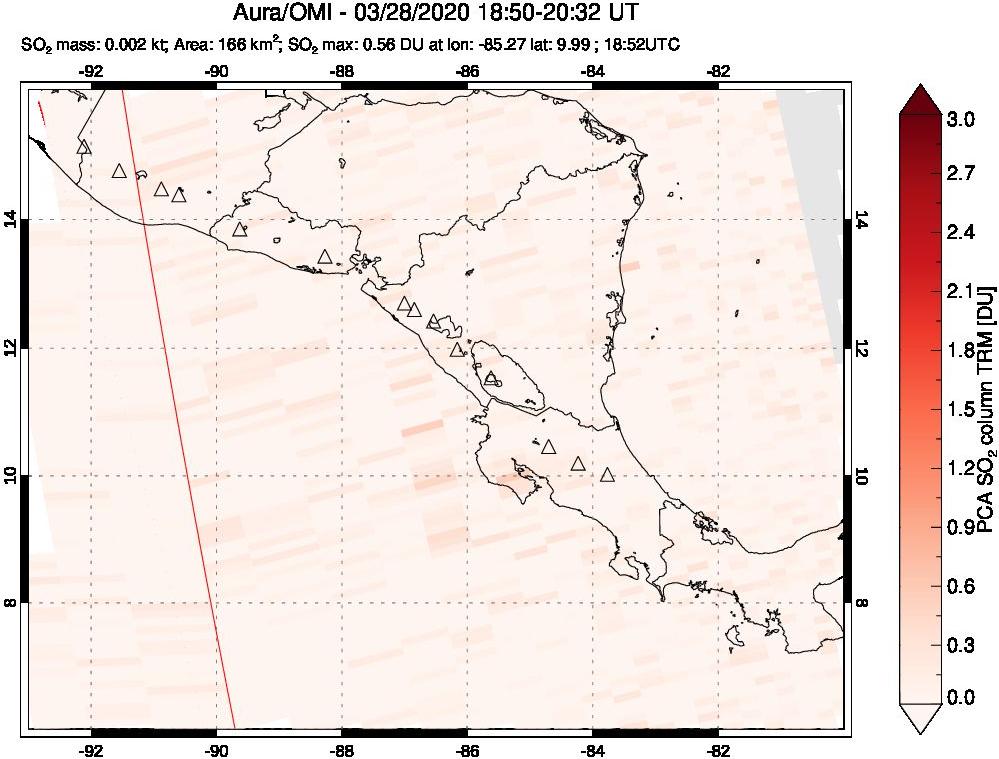 A sulfur dioxide image over Central America on Mar 28, 2020.