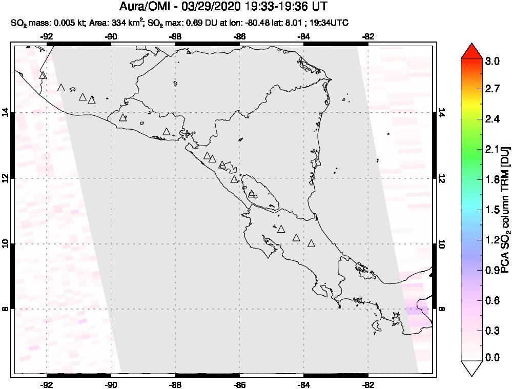 A sulfur dioxide image over Central America on Mar 29, 2020.
