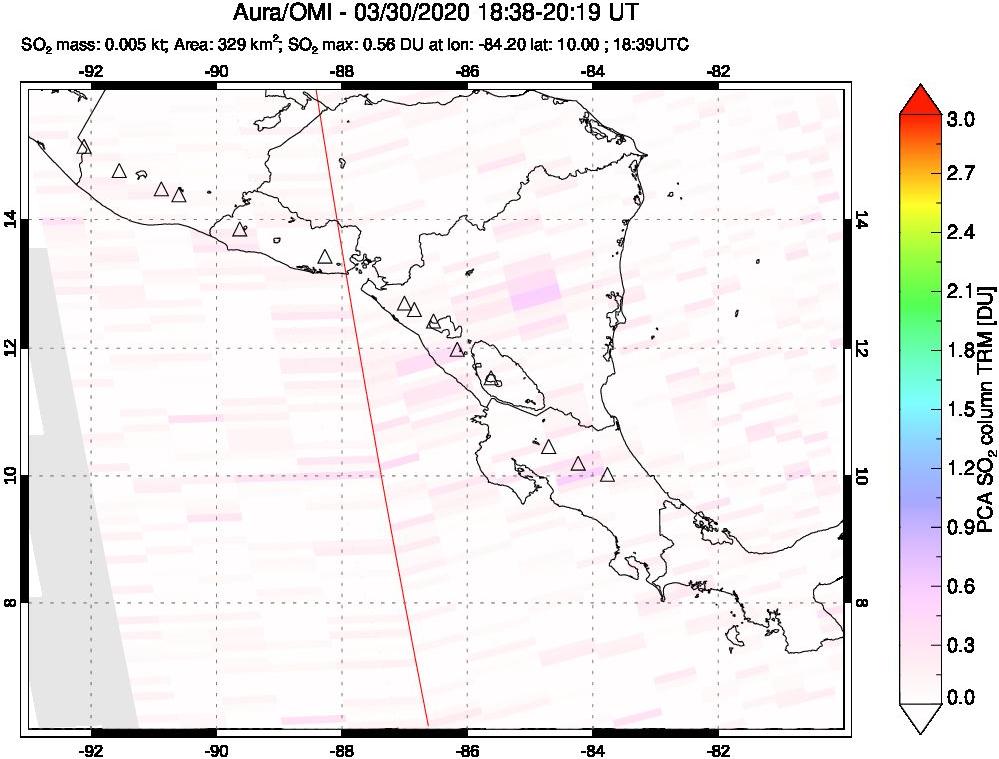 A sulfur dioxide image over Central America on Mar 30, 2020.