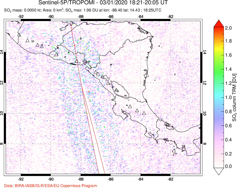 A sulfur dioxide image over Central America on Mar 01, 2020.