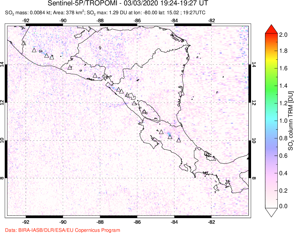 A sulfur dioxide image over Central America on Mar 03, 2020.