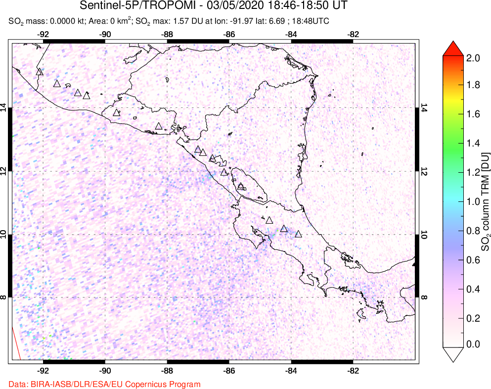 A sulfur dioxide image over Central America on Mar 05, 2020.