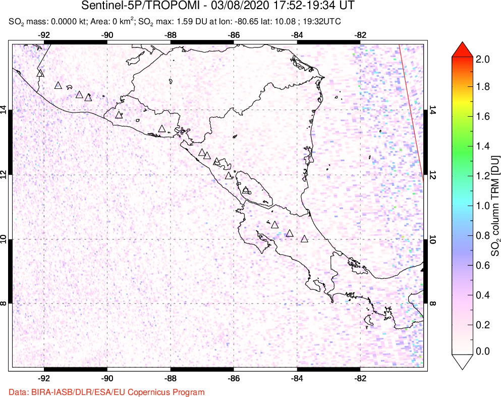 A sulfur dioxide image over Central America on Mar 08, 2020.