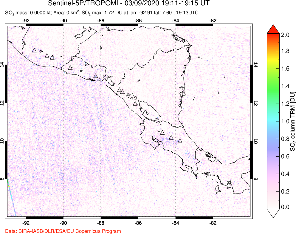 A sulfur dioxide image over Central America on Mar 09, 2020.