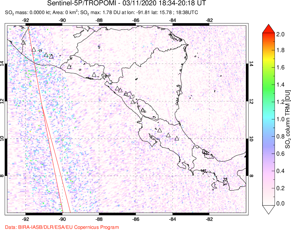 A sulfur dioxide image over Central America on Mar 11, 2020.