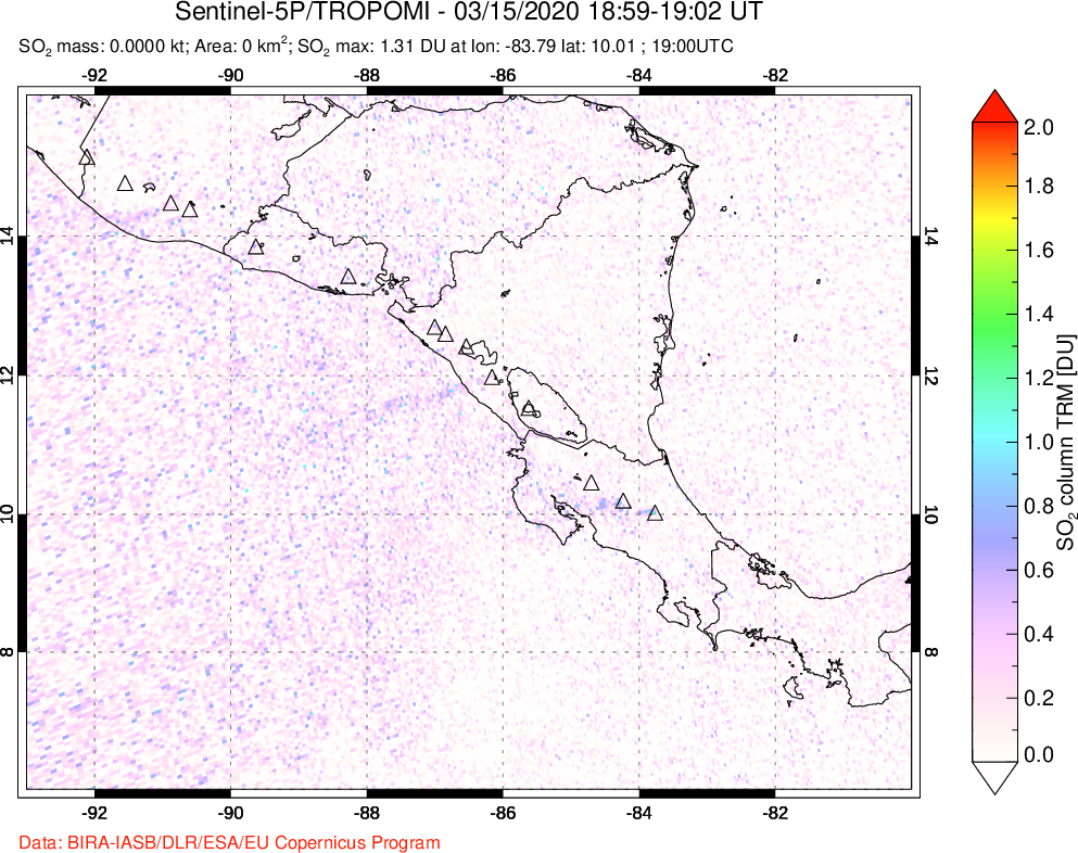 A sulfur dioxide image over Central America on Mar 15, 2020.