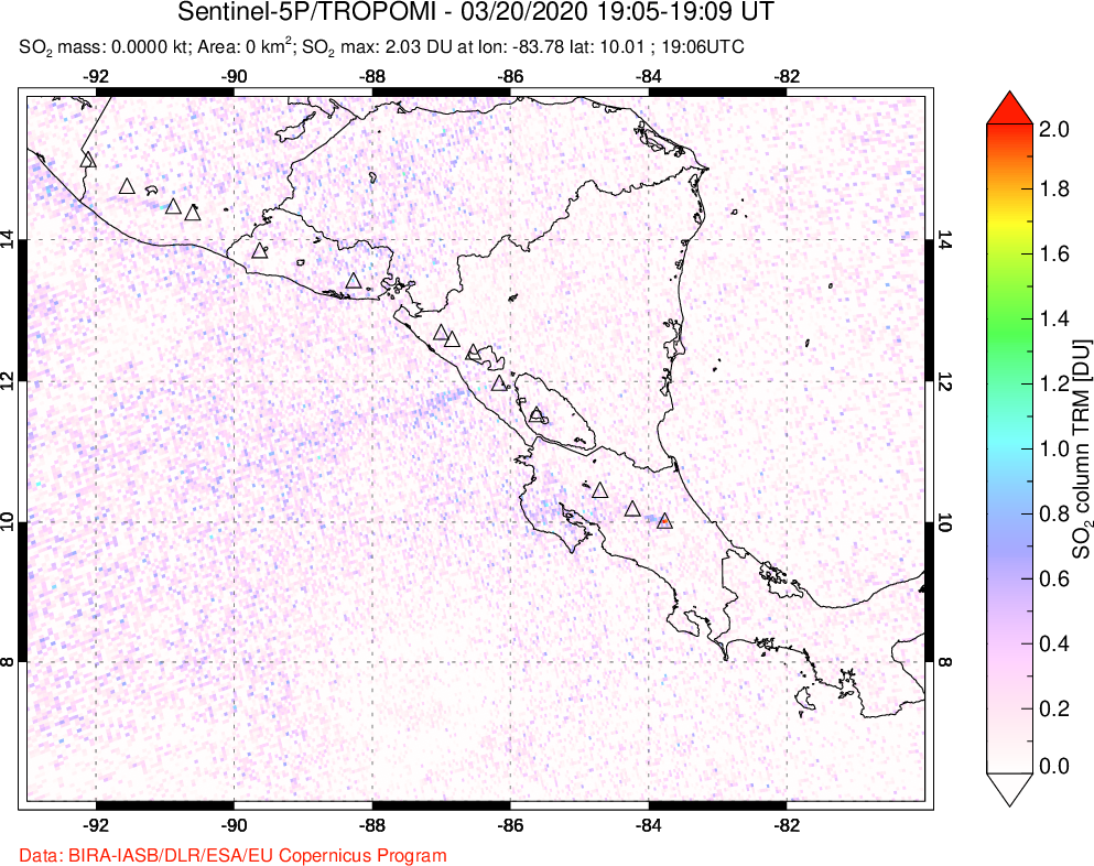 A sulfur dioxide image over Central America on Mar 20, 2020.