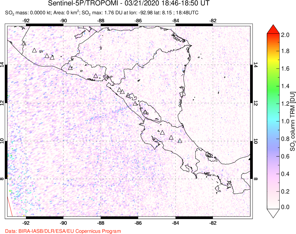 A sulfur dioxide image over Central America on Mar 21, 2020.