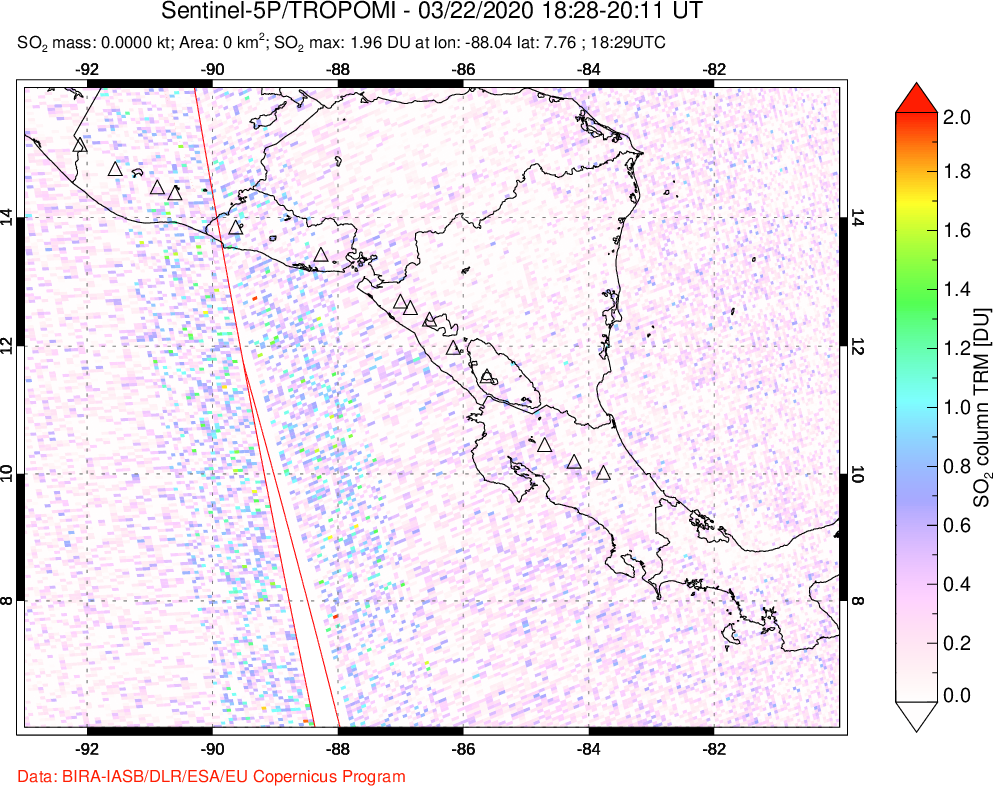 A sulfur dioxide image over Central America on Mar 22, 2020.