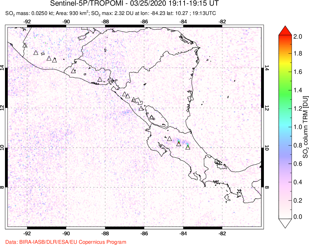 A sulfur dioxide image over Central America on Mar 25, 2020.