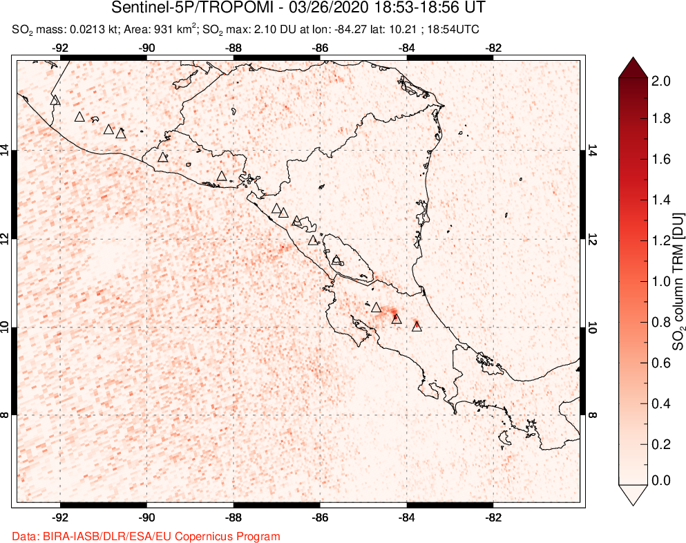 A sulfur dioxide image over Central America on Mar 26, 2020.