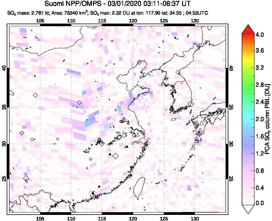 A sulfur dioxide image over Eastern China on Mar 01, 2020.