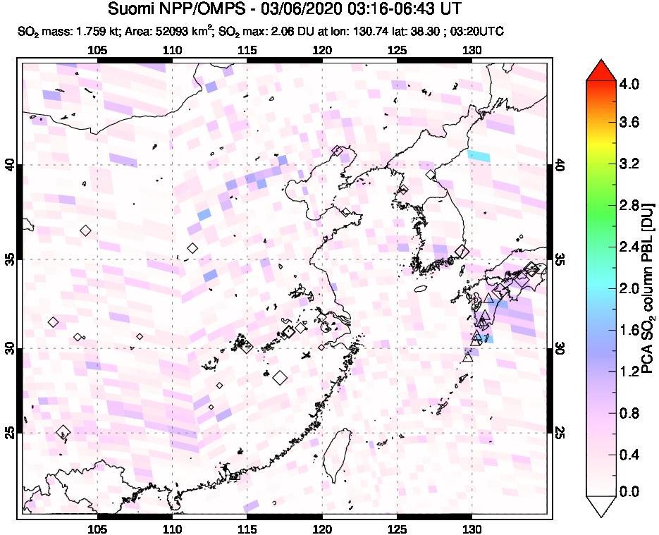 A sulfur dioxide image over Eastern China on Mar 06, 2020.