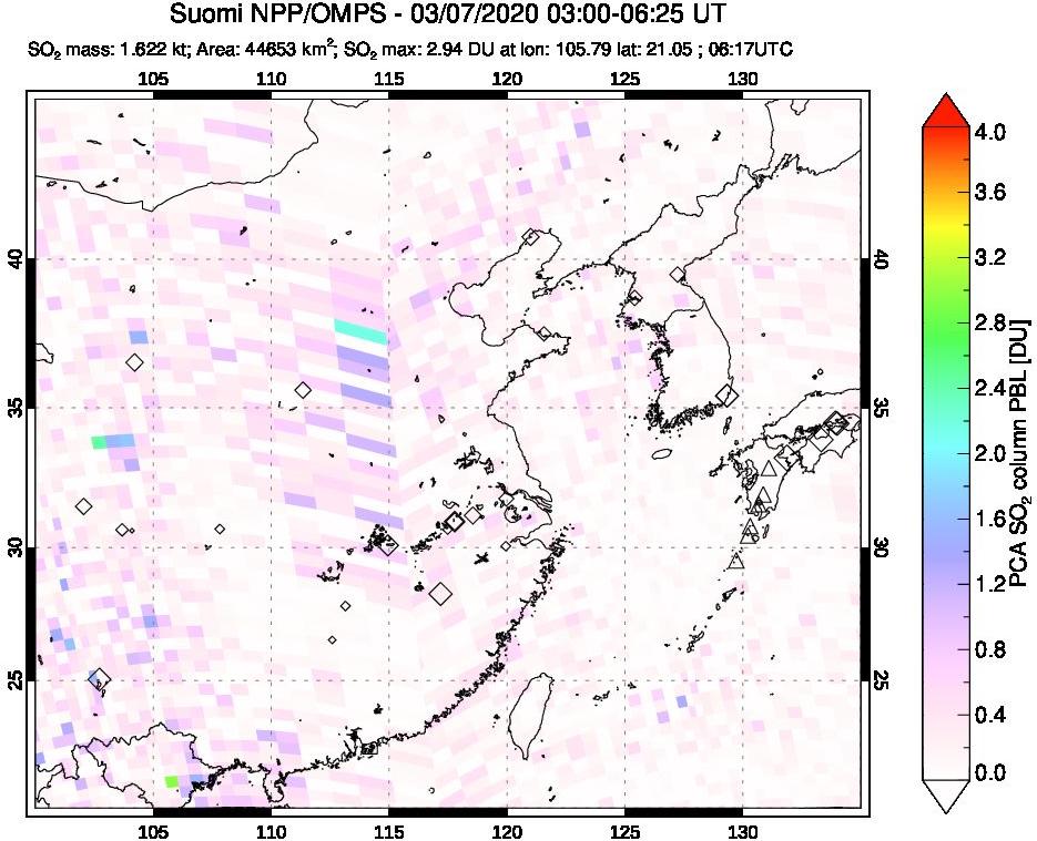 A sulfur dioxide image over Eastern China on Mar 07, 2020.