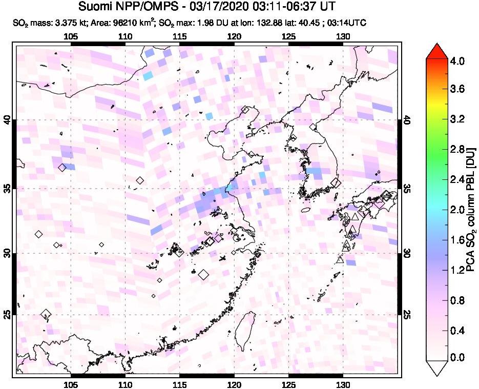 A sulfur dioxide image over Eastern China on Mar 17, 2020.